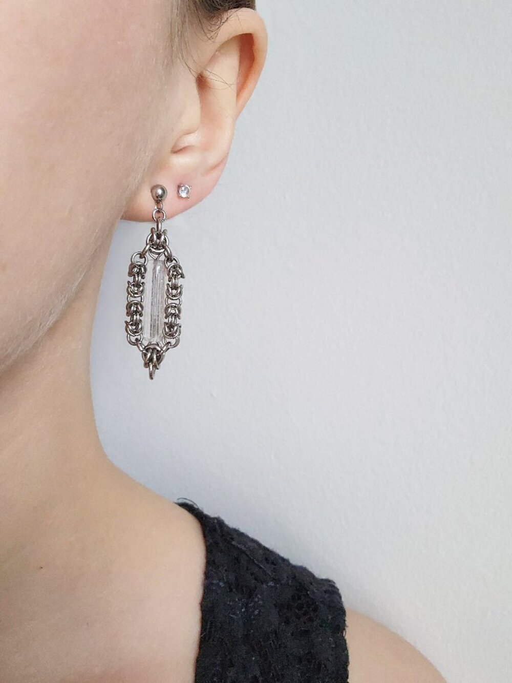 Vintage silver and clear quartz long earrings